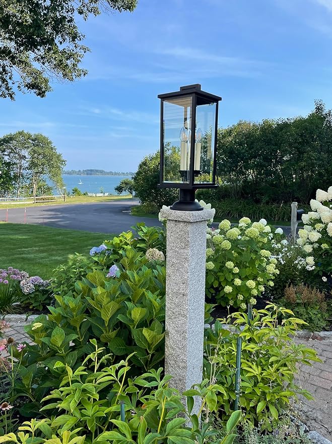 Hinkley Weymouth Large Post Top or Pier Mount Outdoor Lantern - Estate Series, 3-Light, Aluminum, Candle Sleeves, Rectangular, Clear Beveled Glass - Black Finish