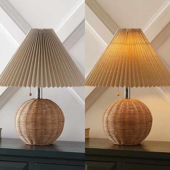 JONATHAN Y JYL1145C Aksel 17.25" Coastal Scandinavian Rattan/Iron Sphere LED Table Lamp with Pleated Shade and Pull Chain, Natural/Chrome/Dark Beige, for Bedroom, Living Room, Entry Console