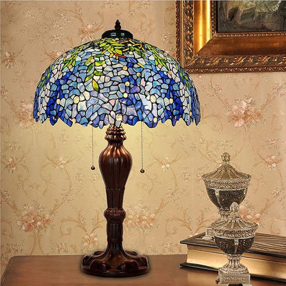 MAGCOLOR Table Lamps, Tiffany Style Stained Glass Purple Wisteria Table Lamp with 16 inches Handmade Lampshade and Brown Round Lamp Base Made of Zinc Alloy,Suitable for Decorating Room