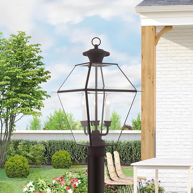 Livex Lighting 2384-04 Westover 3 Light Outdoor Black Finish Solid Brass Wall Lantern with Clear Beveled Glass, 22" x 12" x 22"