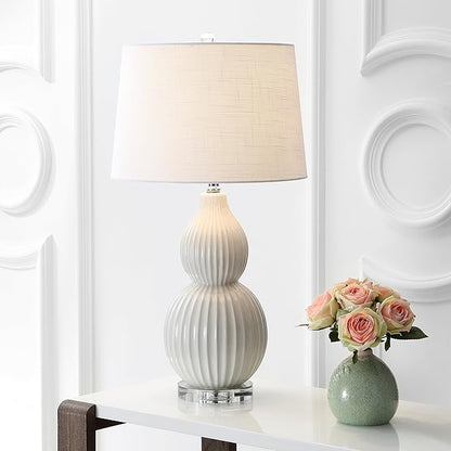 JONATHAN Y JYL8019A 28.25" Cream Contemporary Ceramic Gourd Table Lamp for Living Room, Bedroom, Transitional Bedside Nightstand Lamp with White Linen Drum Shade and Crystal Base, LED Bulb Included