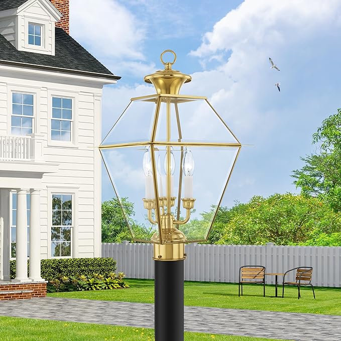 Livex Lighting 2384-02 Traditional Three Light Post-Top Lantern from Westover Collection Cast Finish, 12.00 inches, Polished Brass
