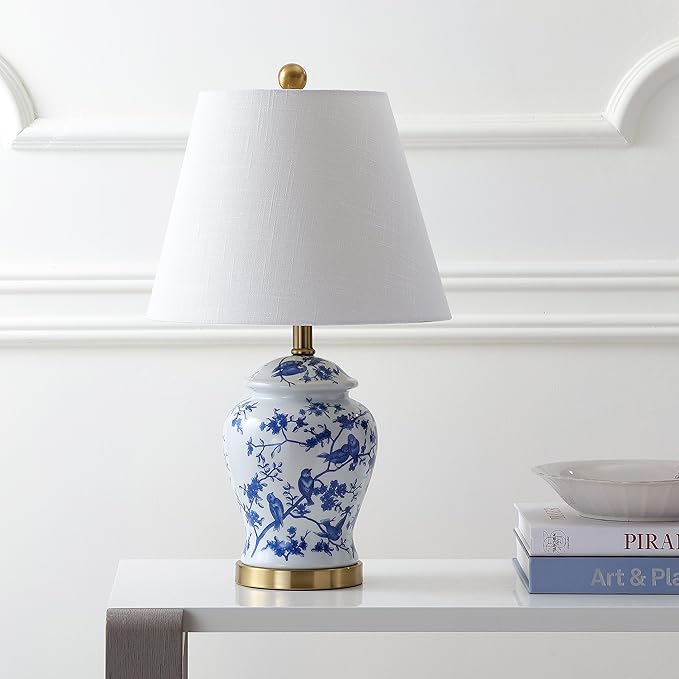 JONATHAN Y JYL3005A 22" French Country Ginger Jar Table Lamp, Blue and White Chinoiserie Ceramic Bedside Lamp for Living Room, Traditional Bedroom Nightstand with White Linen Shade, LED Bulb Included