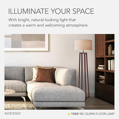 Adesso Floor Lamp with Walnut Birch Wood & Natural Linen Lampshade - 3-Way Adjustable Brightness, Lamp for Bedroom, Living Room, and House Décor, 60” x 19”