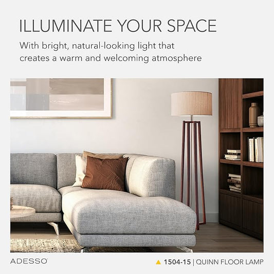 Adesso Floor Lamp with Walnut Birch Wood & Natural Linen Lampshade - 3-Way Adjustable Brightness, Lamp for Bedroom, Living Room, and House Décor, 60” x 19”