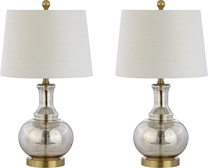 JONATHAN Y JYL1068A-SET2 25" Mercury Glass Table Lamp Set of 2 for Living Room Bedroom, Contemporary Glam Bedside Nightstand Lamps with White Linen Drum Shade and Brass Gold Base, LED Bulbs Included