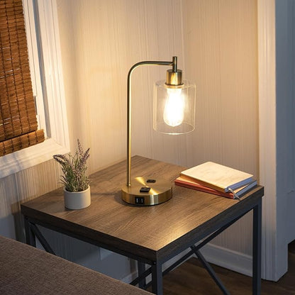 Lavish Home Set of 2 Table Lamps - Industrial Lamps with USB Ports, Touch Control, and Edison Bulb - Living Room, Office, or Bedroom Decor (Gold)