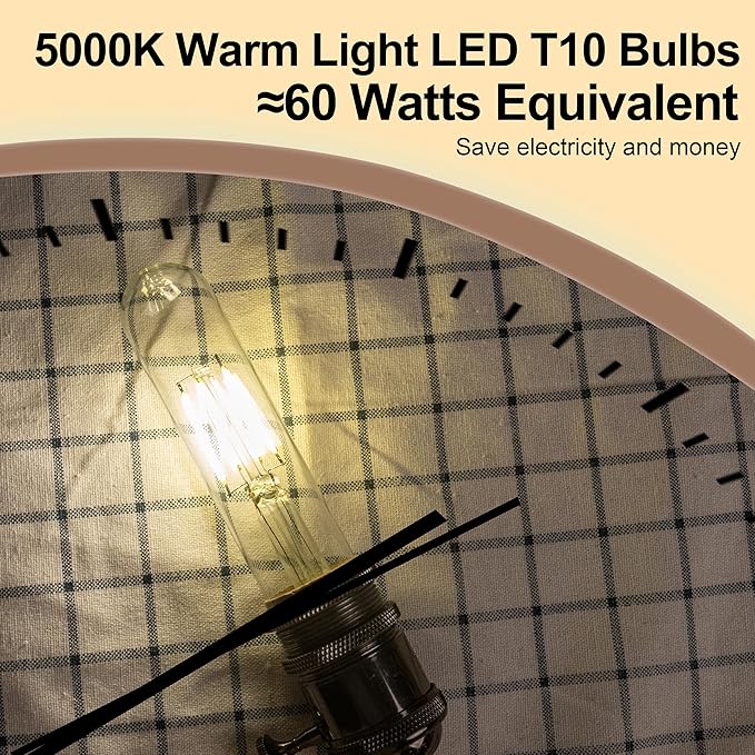 T10 Tubular Led Bulbs 60w Equivalent, Dimmable 5.25 Inch Led Tube Bulb, E26 T30 Edison Tubular Clear Light Bulbs, 5000K Cool White Long Skinny 6W 10 Pack