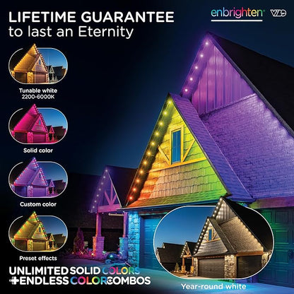 Enbrighten Vibe Eternity Permanent Outdoor Lights for House, 150ft, 108 RGBWIC LEDs, Close Spacing, 33lm, Color Changing, Christmas, Eave Lighting, Smart App, Works with Alexa, Google Home, 85103