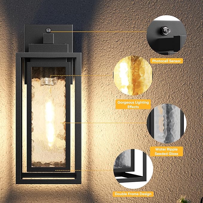 Dusk to Dawn Exterior Porch Light Fixture, Water Ripple Outdoor Wall Lantern Black, 2 Pack Sensor Outside Lantern Lamp, Waterproof Wall Sconce Light, Outside Mount Lamp for Doorway(Bulb Included)