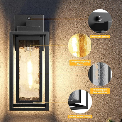 Dusk to Dawn Exterior Porch Light Fixture, Water Ripple Outdoor Wall Lantern Black, 2 Pack Sensor Outside Lantern Lamp, Waterproof Wall Sconce Light, Outside Mount Lamp for Doorway(Bulb Included)