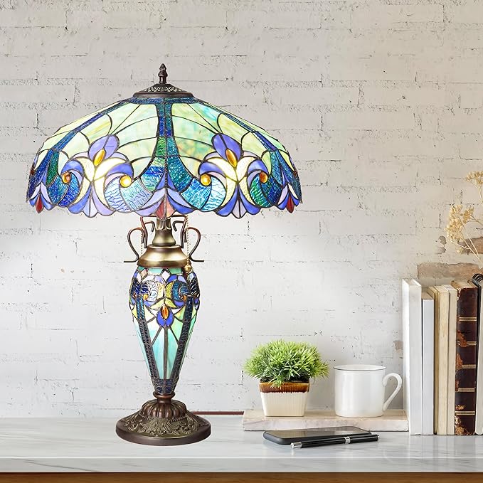 RIVER OF GOODS 24.5" H Halston Double Lit Blue Bowl Shade Stained Glass Table Lamp