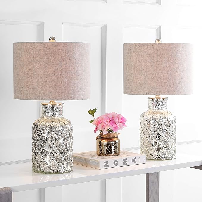 JONATHAN Y JYL1075A-SET2 Set of 2 Table Lamps Alvord 24.5" LED Glass Table Lamp Contemporary Bedside Desk Nightstand Lamp for Bedroom Living Room Office College Bookcase, Mercury Silver