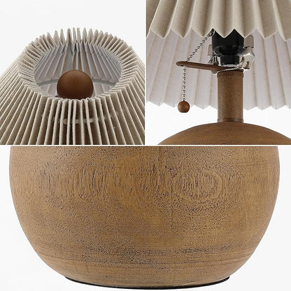 JONATHAN Y JYL1145A Aksel 17.25" Coastal Scandinavian Resin/Iron Sphere LED Table Lamp with Pleated Shade and Pull Chain, Brown Wood Finish/Beige, for Entry Console, Bedroom, Living Room