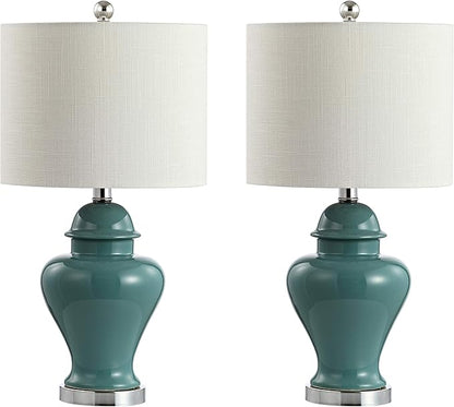 JONATHAN Y JYL6602A-SET2 22" Jade Green Classic Ceramic Table Lamp Set of 2 for Living Room, Traditional Ginger Jar Bedside Lamps for Bedroom Nightstand with White Linen Shade, LED Bulbs Included