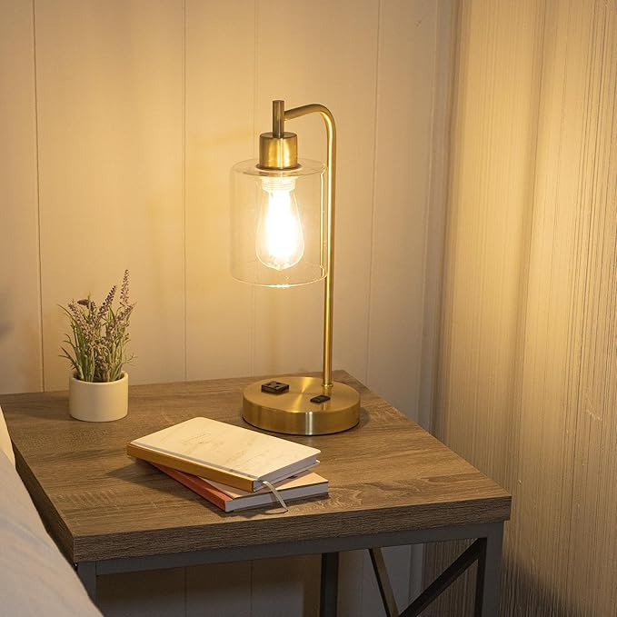 Lavish Home Set of 2 Table Lamps - Industrial Lamps with USB Ports, Touch Control, and Edison Bulb - Living Room, Office, or Bedroom Decor (Gold)