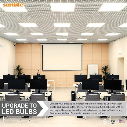 Sunlite 41246 LED T8 U-Bend Tube, Single End Bypass, 18 Watts, 50,000 Hour Lifespan, 2200 Lumens, Shatter Resistant, Double Medium Bi-Pin Base (2G13), 120-277V, UL & DLC Listed, 4000K, 6 Pack