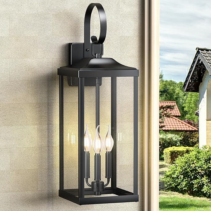 24" Extra Large Outdoor Wall Light for House, Black 3-Light Waterproof Exterior Porch Lamp Wall Mount, Modern Outside Wall Sconce Coach Light with Clear Glass, E12, 1-Pack