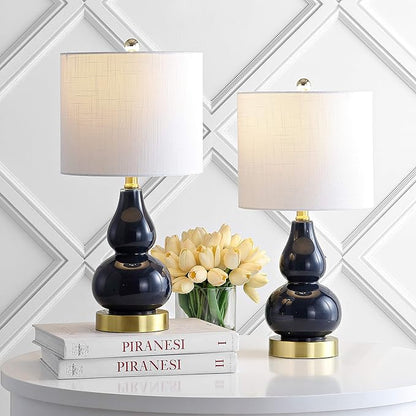 JONATHAN Y JYL1028F-SET2 20.5" Navy and Gold Glass Gourd Table Lamp Set of 2, Modern Glam Bedside Nightstand Lamps for Bedroom, Living Room, Office, End Table with White Linen Drum Shade