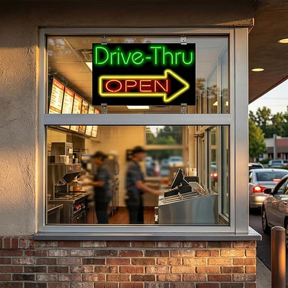 Large Drive-Thru Open Neon Sign - 37" wide x 22" high - Real, Quality Hand Bent Neon Sign - Bright Green & Red Letters with a Yellow Right Arrow