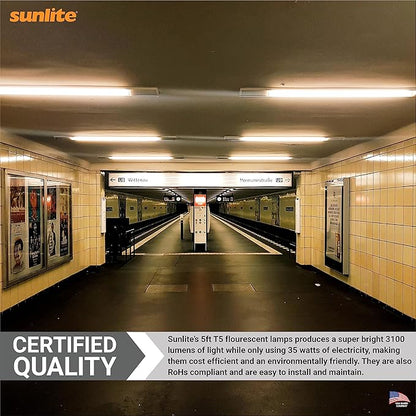 Sunlite 30387 F35T5/835 5 Foot T5 Linear Fluorescent Lamp, 35 Watts, 3100 Lumens, 3500K Neutral White, Miniature G5 Bi-Pin Base, ROHS Compliant, High Performance Straight Tube, 40 Pack