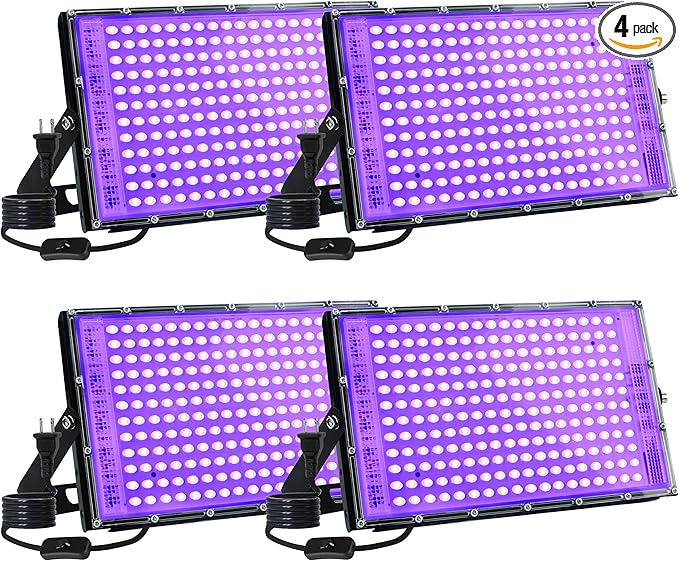 4 Pack 150W LED Blacklight, UV Black Lights for Glow Party, IP65 Waterproof Outdoor UV Floodlight for Black Light Party,Body Painting,Fluorescent Painting,Birthday Parties,Halloween