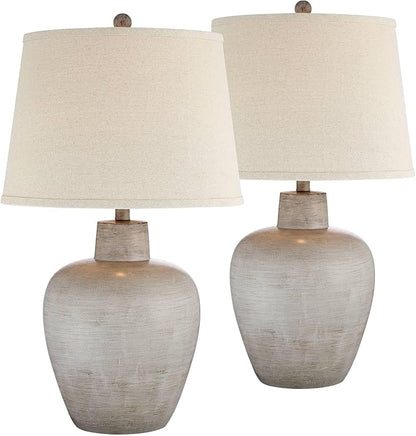Regency Hill Glenn 27" Tall Urn Natural Cottage Southwestern Table Lamps Set of 2 WiFi Smart Socket Gray Terra Cotta Living Room Bedroom Bedside Nightstand House Office Home Reading Beige Shade