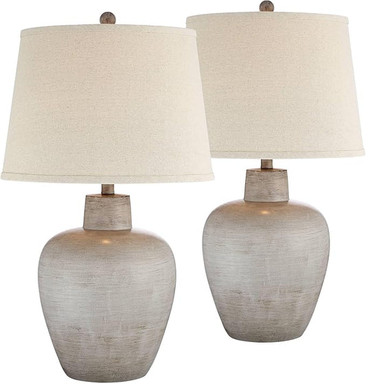 Regency Hill Glenn 27" Tall Urn Natural Cottage Southwestern Table Lamps Set of 2 WiFi Smart Socket Gray Terra Cotta Living Room Bedroom Bedside Nightstand House Office Home Reading Beige Shade