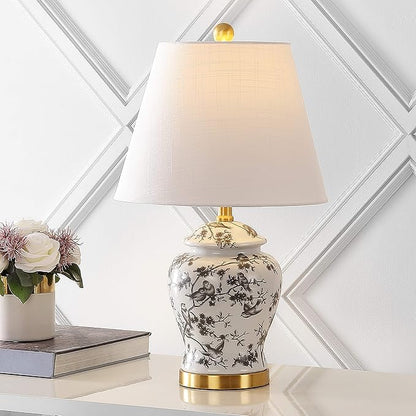 JONATHAN Y JYL3005C 22" French Country Ginger Jar Table Lamp, Gray and White Chinoiserie Ceramic Bedside Lamp for Living Room, Traditional Bedroom Nightstand with White Linen Shade, LED Bulb Included