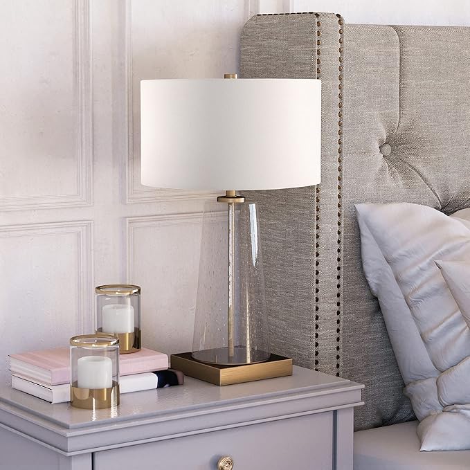 Dax 27.5" Tall Table Lamp with Fabric Shade in Seeded Glass/Brass/White