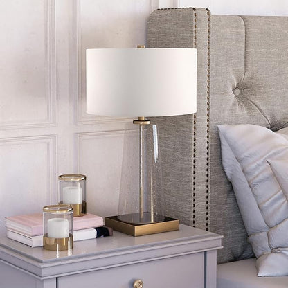 Dax 27.5" Tall Table Lamp with Fabric Shade in Seeded Glass/Brass/White