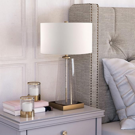 Dax 27.5" Tall Table Lamp with Fabric Shade in Seeded Glass/Brass/White