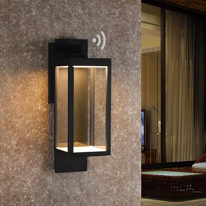 Dusk to Dawn Sensor Outdoor Wall Sconce, LED Integrated Exterior Wall Lantern Fixture, Wall Mount Lights Anti-Rust Waterproof Matte Black Wall Lamp with Clear Glass Shade for Garage, Doorway