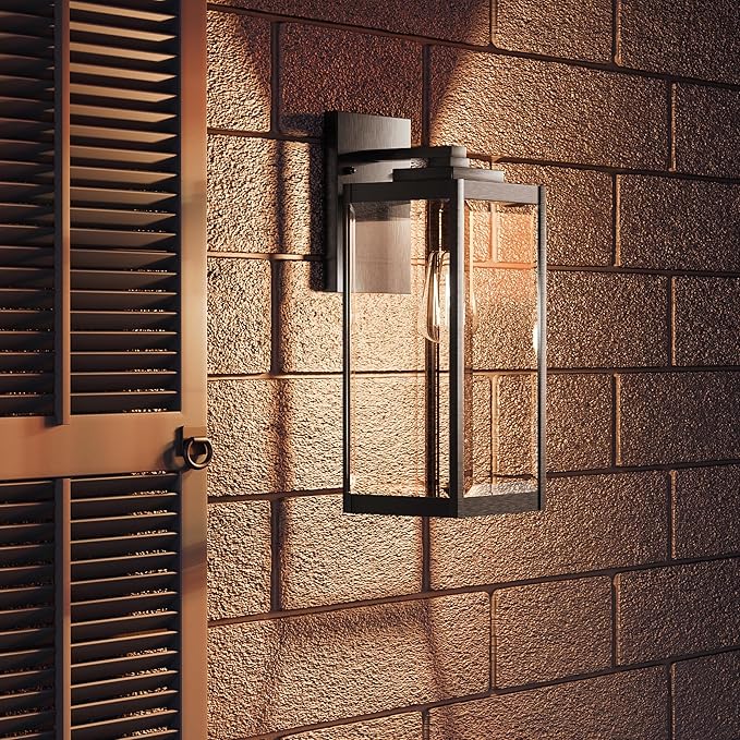 Quoizel Westover Modern Wall Sconce, 17 Inch Earth Black 1-Light Outdoor Light Fixture, Clear Beveled Glass Wall Lantern, 100 W, Industrial Design Wall Light for Porch, Patio, Gazebo or Yard