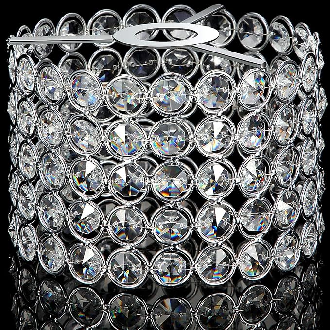 Boao Crystal Lamp Shade Ceiling Light Shade Chandelier Lampshade Fitting for Living Room Bedroom Bathroom Wedding Centerpiece Event Party, Warm White, Bulb Not Included(7 x 7 x 4.3 Inch,Silver)