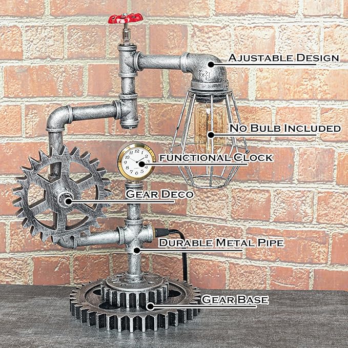 Antique Steampunk Pipe Table Lamp with Adjustable Joint & Clock (Cage Shade) QTF-BT05