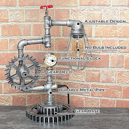 Antique Steampunk Pipe Table Lamp with Adjustable Joint & Clock (Cage Shade) QTF-BT05