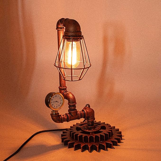 Vintage Copper Steampunk Pipe Table Lamp with Clock (Cage Shade Design) QTF-BT02