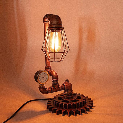 Vintage Copper Steampunk Pipe Table Lamp with Clock (Cage Shade Design) QTF-BT02