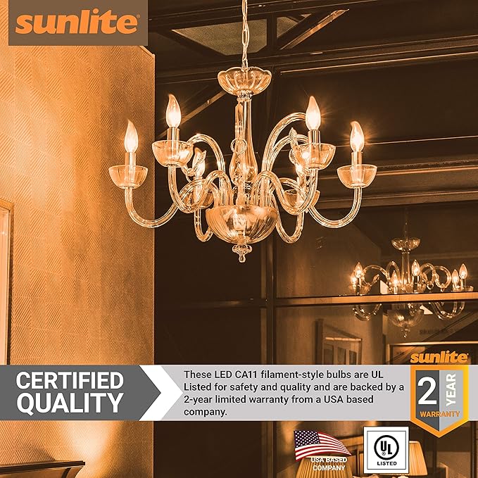 Sunlite LED Filament Chandelier Light Bulb with Flame Tip, UL Listed, 5 Watts (60W Equivalent), Candelabra Base (E12), Clear, Dimmable, 2700K Soft White, 12 Count