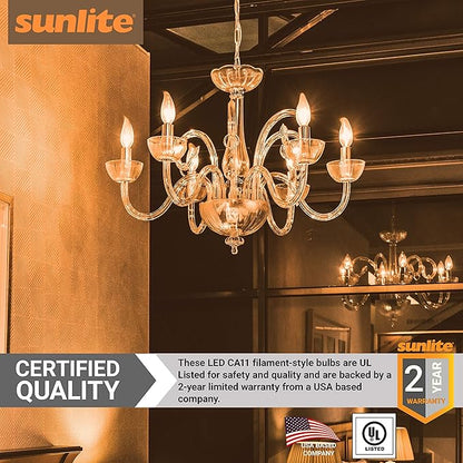 Sunlite LED Filament Chandelier Light Bulb with Flame Tip, UL Listed, 5 Watts (60W Equivalent), Candelabra Base (E12), Clear, Dimmable, 2700K Soft White, 12 Count