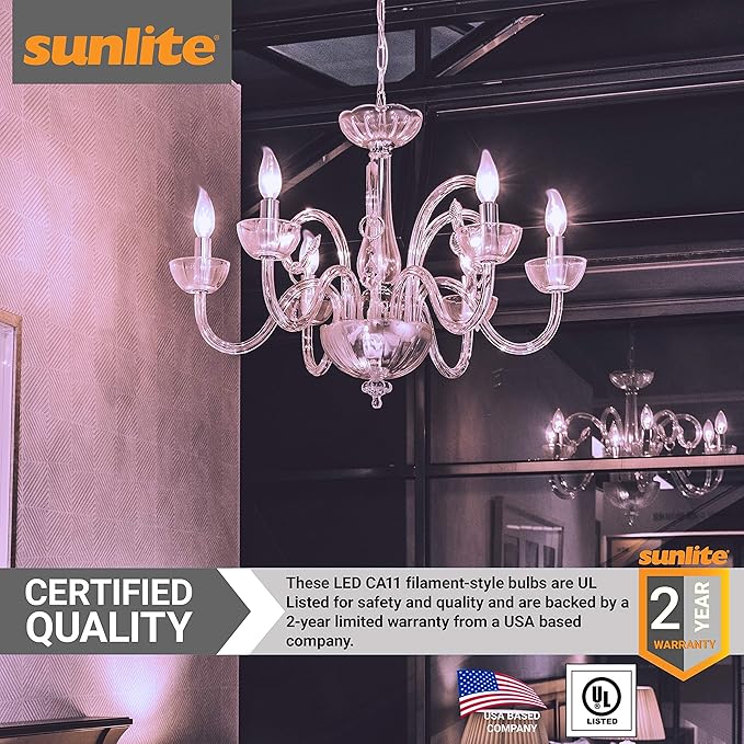 Sunlite LED Filament Chandelier Light Bulb with Flame Tip, ETL Listed, 5 Watts (60W Equivalent), Candelabra Base (E12), Clear, Dimmable, 5000K Daylight, 12 Count