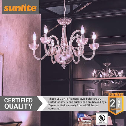 Sunlite LED Filament Chandelier Light Bulb with Flame Tip, ETL Listed, 5 Watts (60W Equivalent), Candelabra Base (E12), Clear, Dimmable, 5000K Daylight, 12 Count