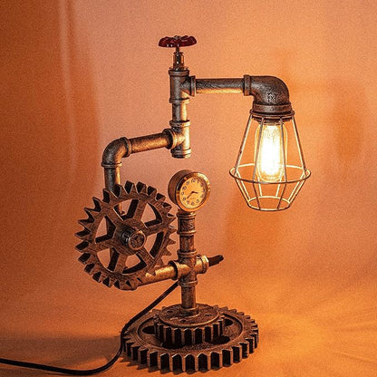 Antique Steampunk Pipe Table Lamp with Adjustable Joint & Clock (Cage Shade) QTF-BT05