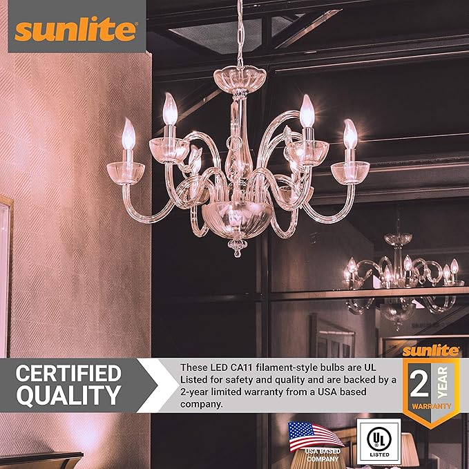 Sunlite 41353-SU LED Filament Chandelier Light Bulb with Flame Tip, ETL Listed, 5 Watts (60W Equivalent), Candelabra Base (E12), Clear, Dimmable, 12 Count, 4000K - Cool White