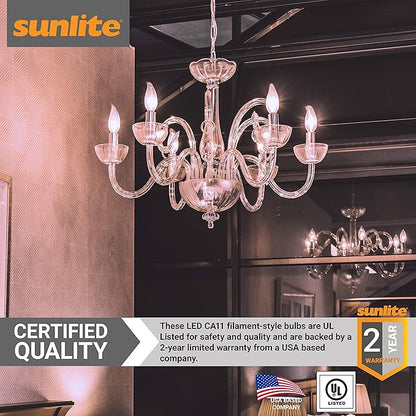 Sunlite 41353-SU LED Filament Chandelier Light Bulb with Flame Tip, ETL Listed, 5 Watts (60W Equivalent), Candelabra Base (E12), Clear, Dimmable, 12 Count, 4000K - Cool White