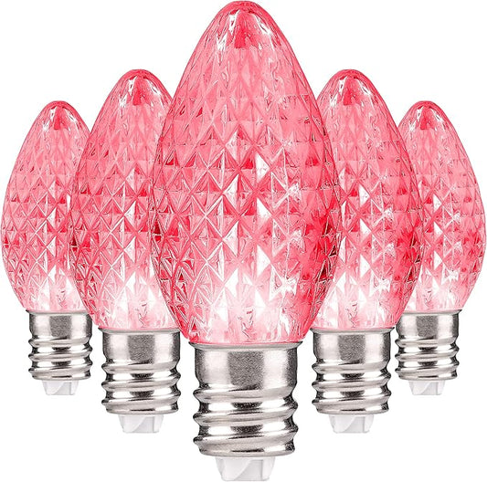 Holiday Lighting Outlet Faceted C7 Christmas Lights | Pink LED Light Bulbs Holiday Decoration | Warm Christmas Decor for Indoor & Outdoor Use | 2 SMD LEDs in Each Light Bulb | Set of 25
