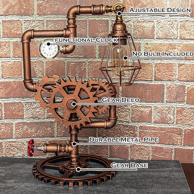 Eclectic Copper Steampunk Pipe Table Lamp with 360° Adjustable Light & Clock (Cage Shade) QTF-BT06