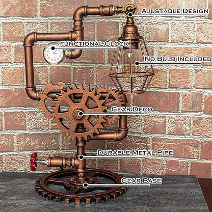 Eclectic Copper Steampunk Pipe Table Lamp with 360° Adjustable Light & Clock (Cage Shade) QTF-BT06