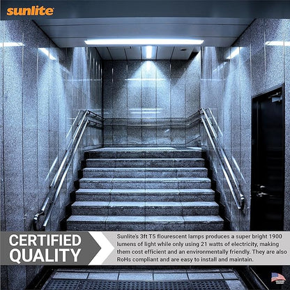 Sunlite 30322 F21T5/850 3 Foot T5 Linear Fluorescent Lamp, 21 Watts, 1900 Lumens, 5000K Daylight, Miniature G5 Bi-Pin Base, ROHS Compliant, High Performance Straight Tube, 40 Pack